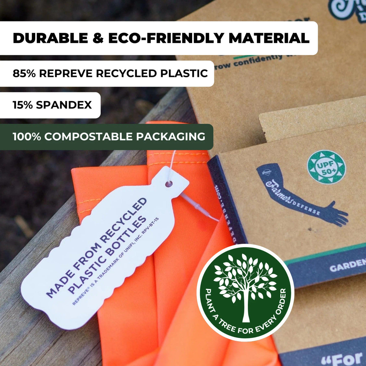 a close up image of some of the packaging for the protection sleeves showing the 100% compostable packaging and die-cut water bottle shaped tag that reads "made from recycled plastic bottles"