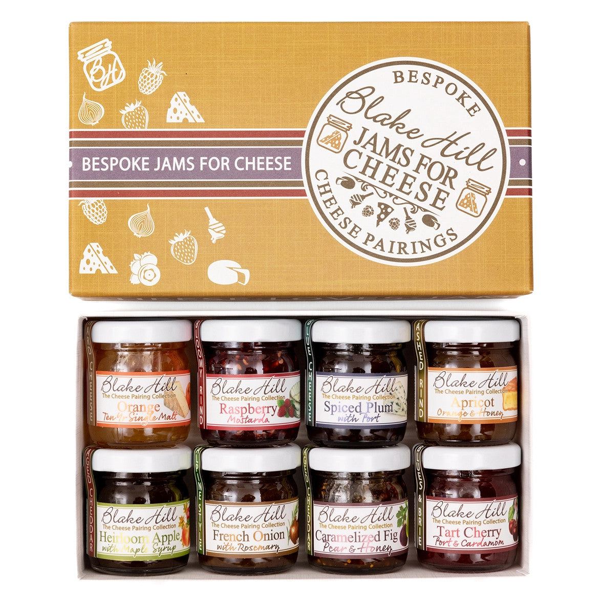 top down view of the Cheese loves jam box with the lid removed to show the variety of jams included in the gift box