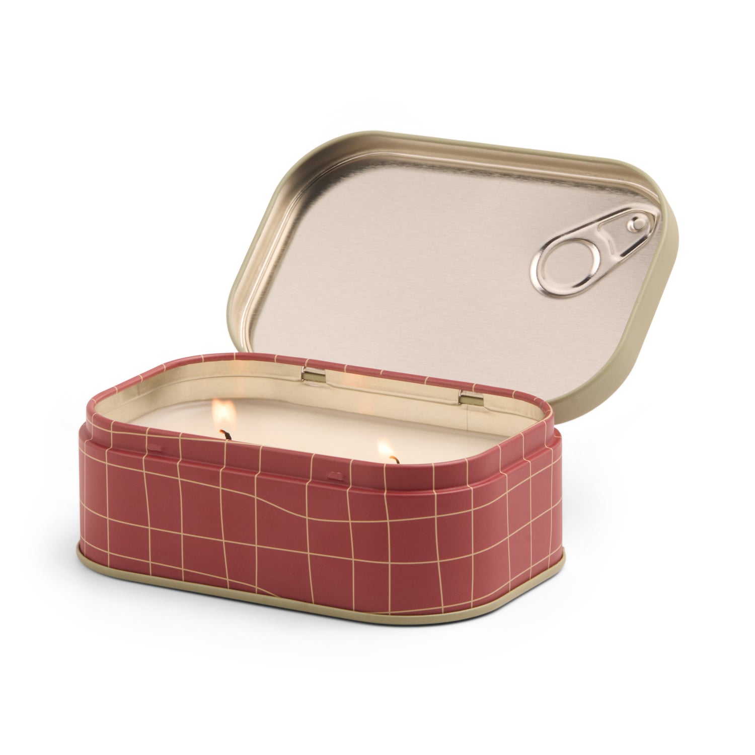 Red grid-patterned can-shaped candle with open lid on a white background