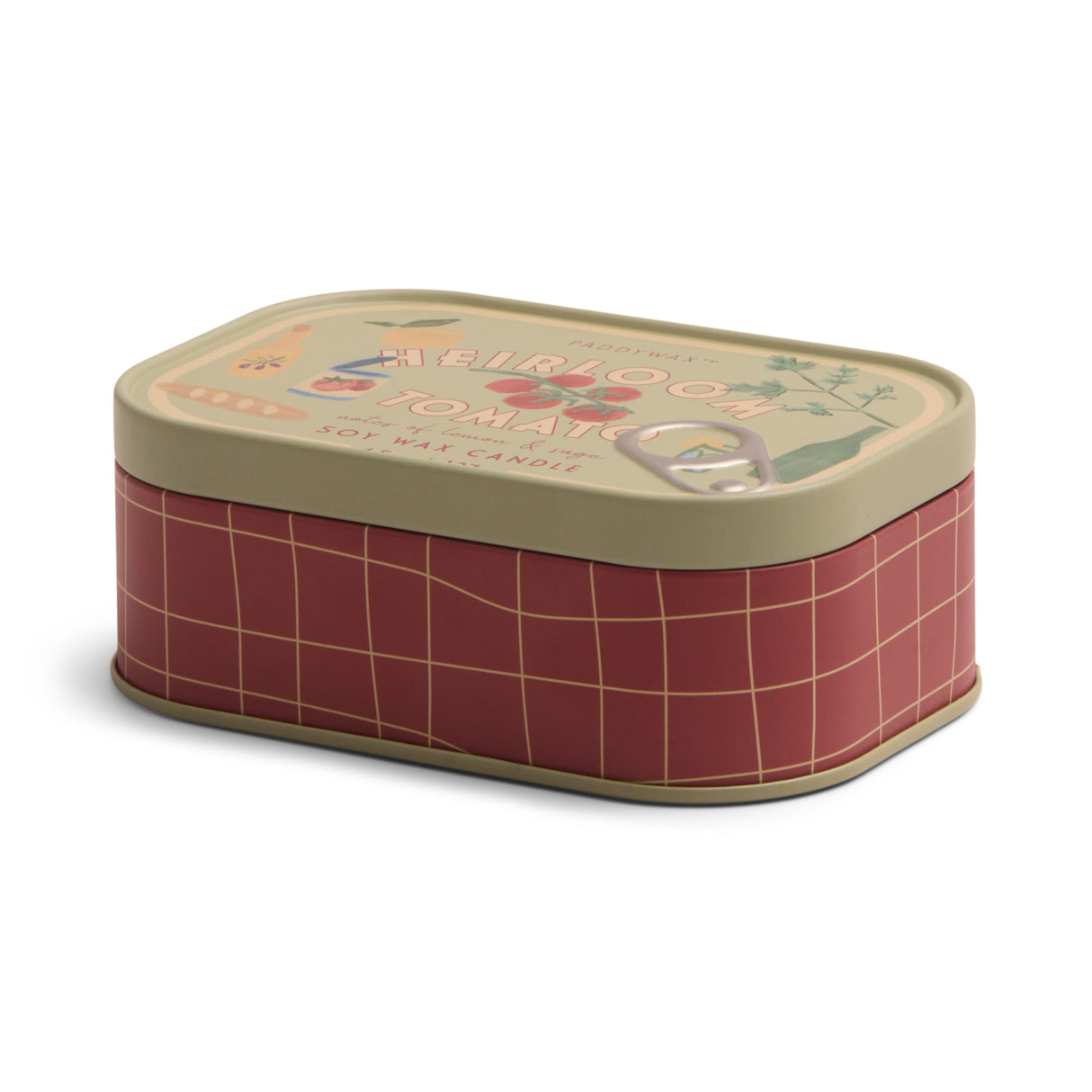 Rectangular tin with a checkered pattern and decorative lid on a white background