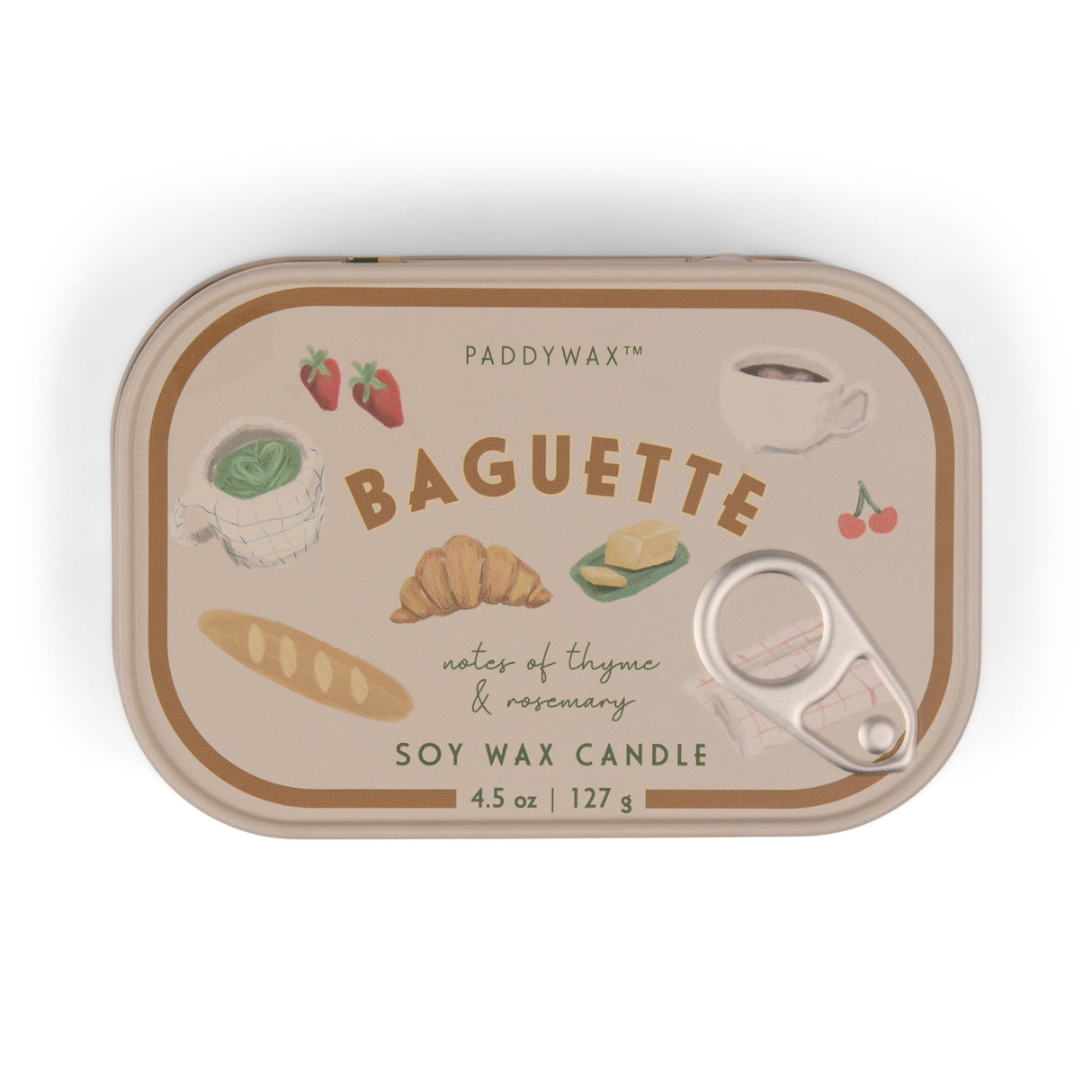 Paddywax Baguette soy wax candle tin on a white background