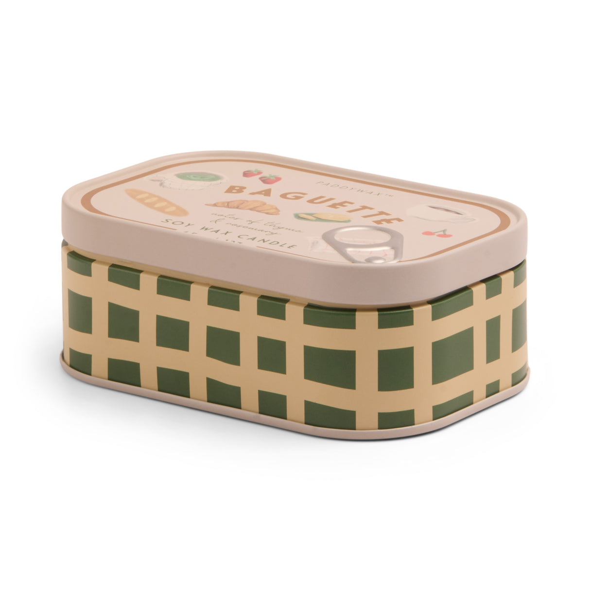 Rectangular tin with green checkered pattern and 'Baguette' text on a white background