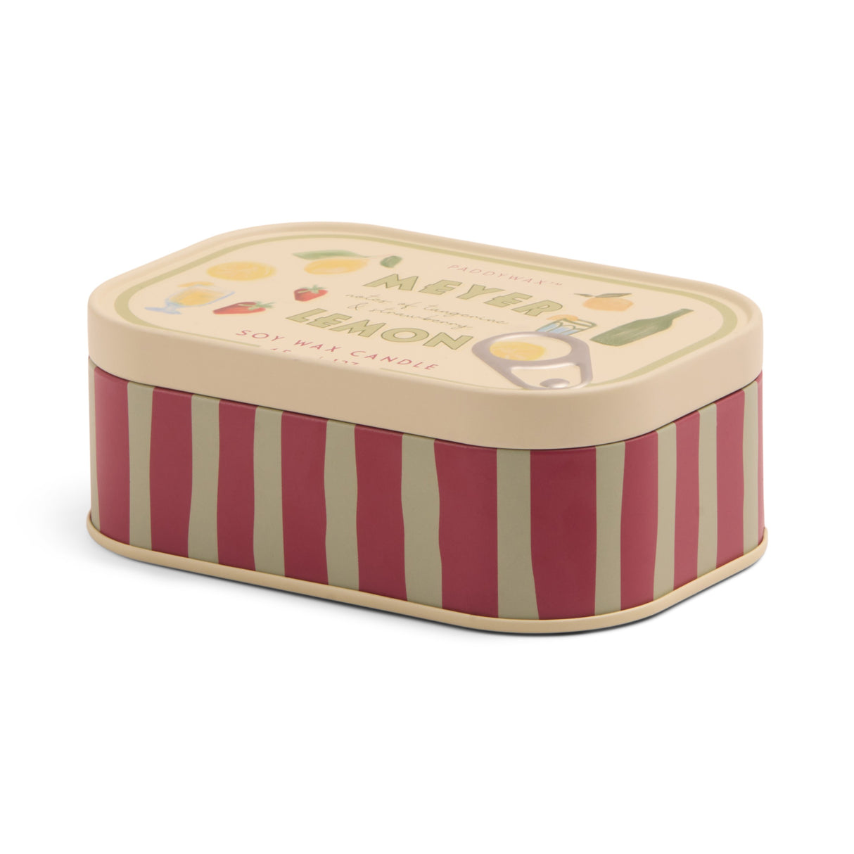 Rectangular tin with striped design and decorative elements on a white background