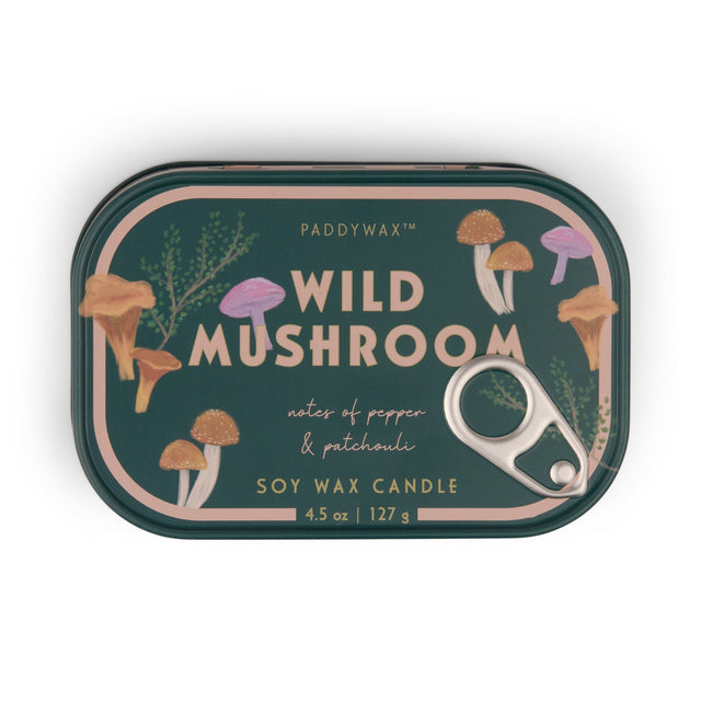 Paddywax Wild Mushroom candle tin with illustrations of mushrooms on a white background