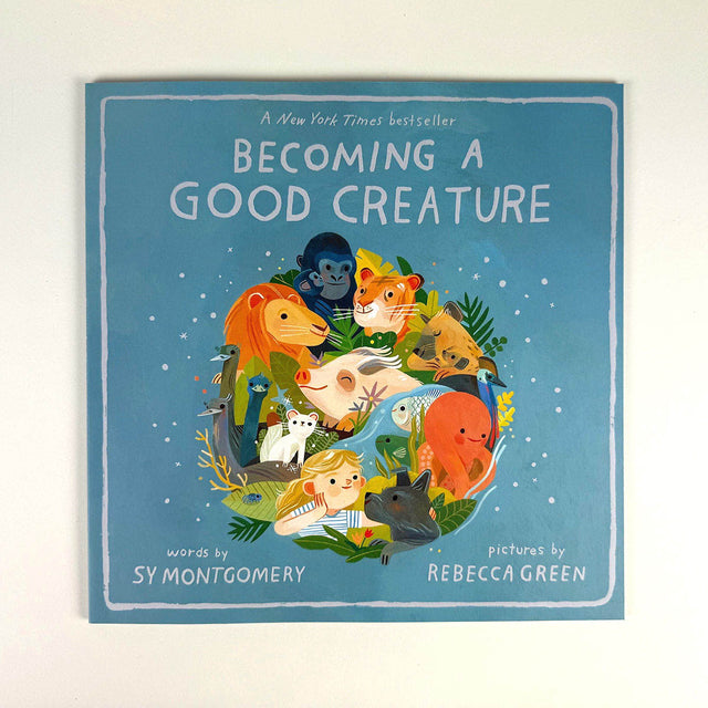 Book cover of 'Becoming a Good Creature' with illustrations of animals on a blue background
