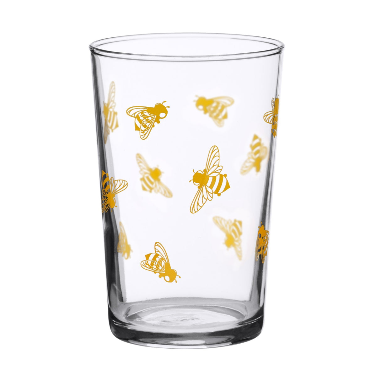 Clear glass tumbler with yellow bee pattern on a white background