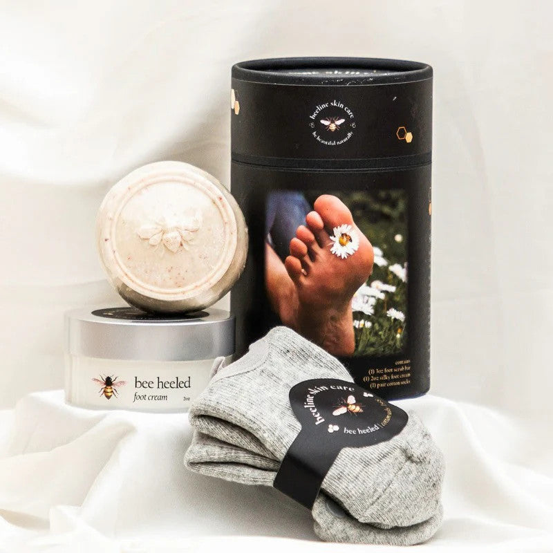 the bee heeled package and contents against a white background