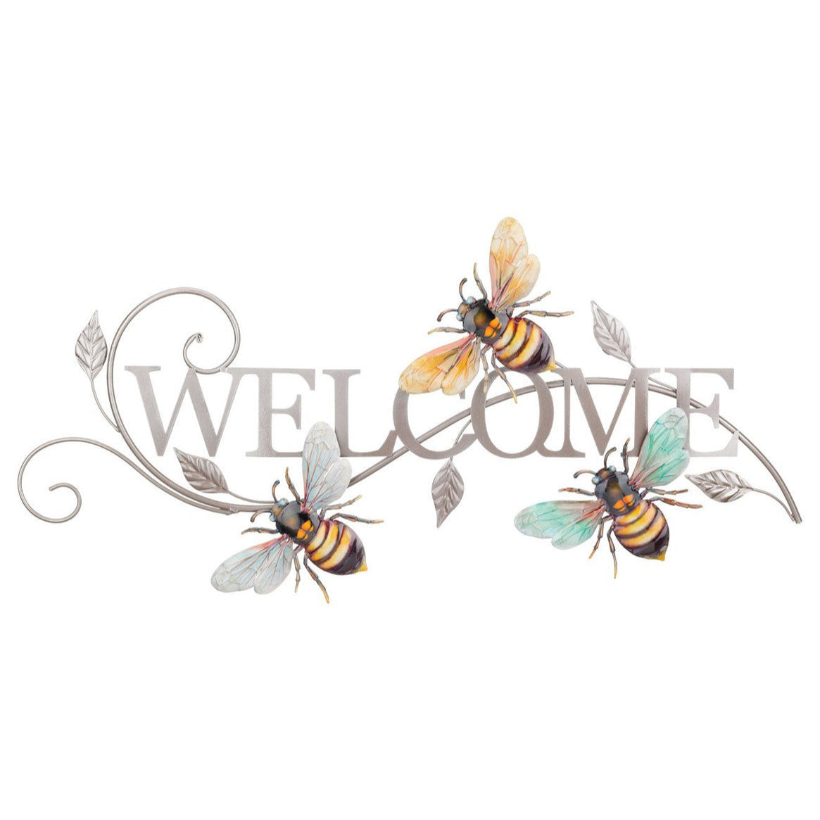 a silver welcome sign in silver metal surrounded by 3 realistically sculpted and painted bees