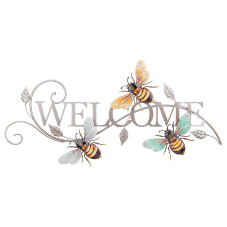 a silver welcome sign in silver metal surrounded by 3 realistically sculpted and painted bees