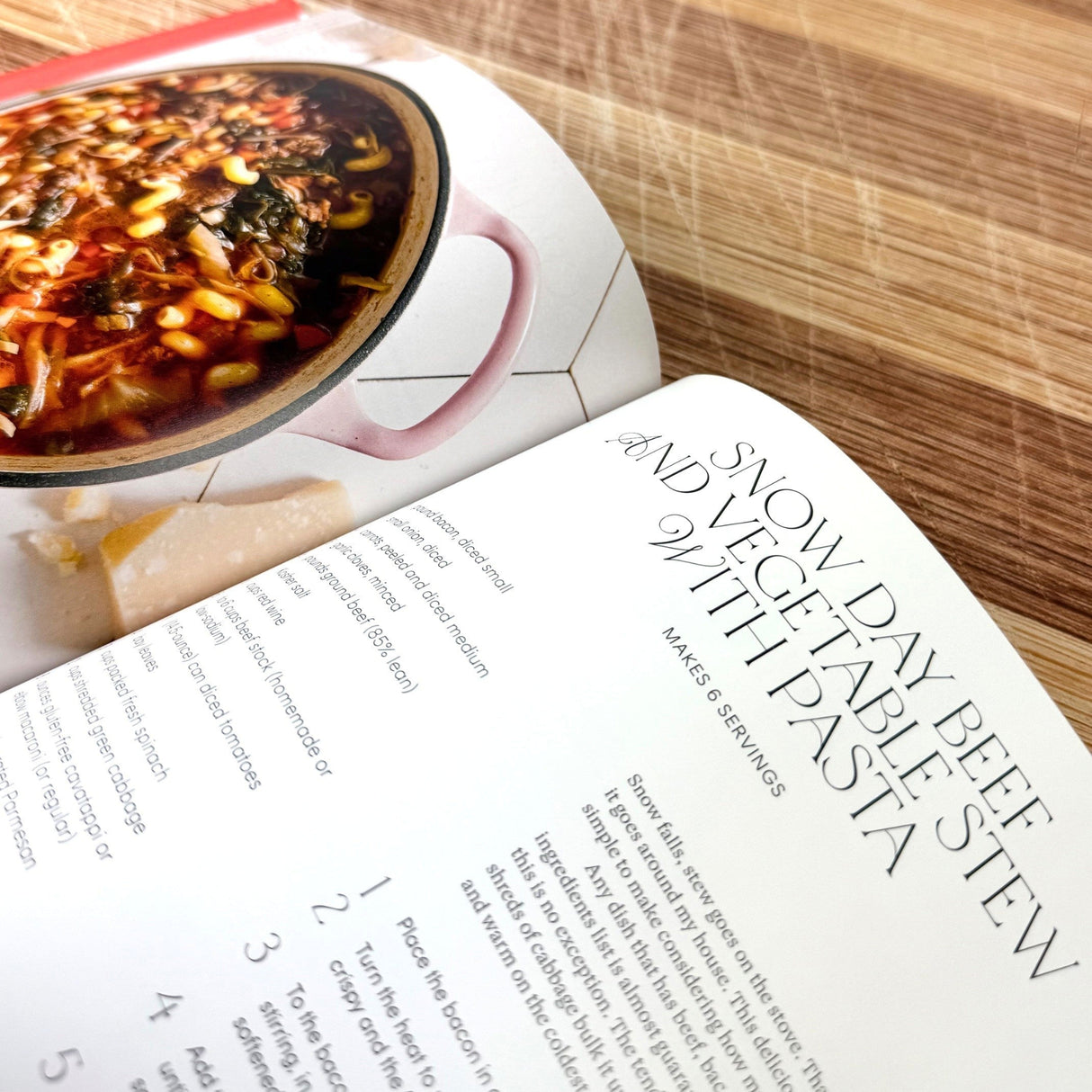 Open cookbook showing a recipe for Snow Day Beef and Vegetable Stew with Pasta
