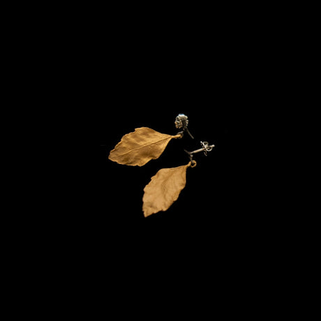 two bronze birch leaf earrings shown from another angle that features the fine details in the molded leave against a black background