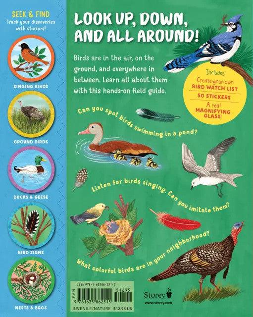 the back cover of the book with synopsis and illustrations of birds