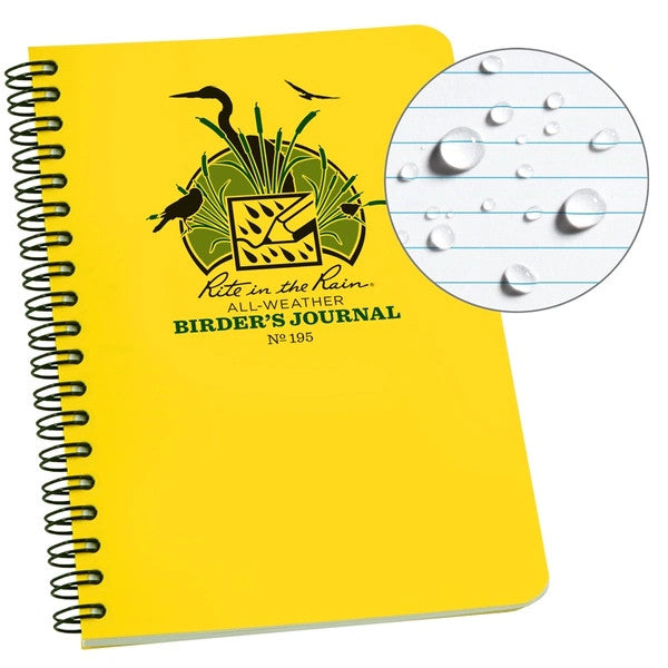 the yellow birder's notebook next to a circle showing a close up of the weatherproof paper with water beading on the surface