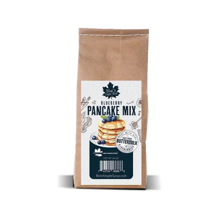 a craft package with white label and Ben's Sugar Shack Blueberry Pancake Mix label