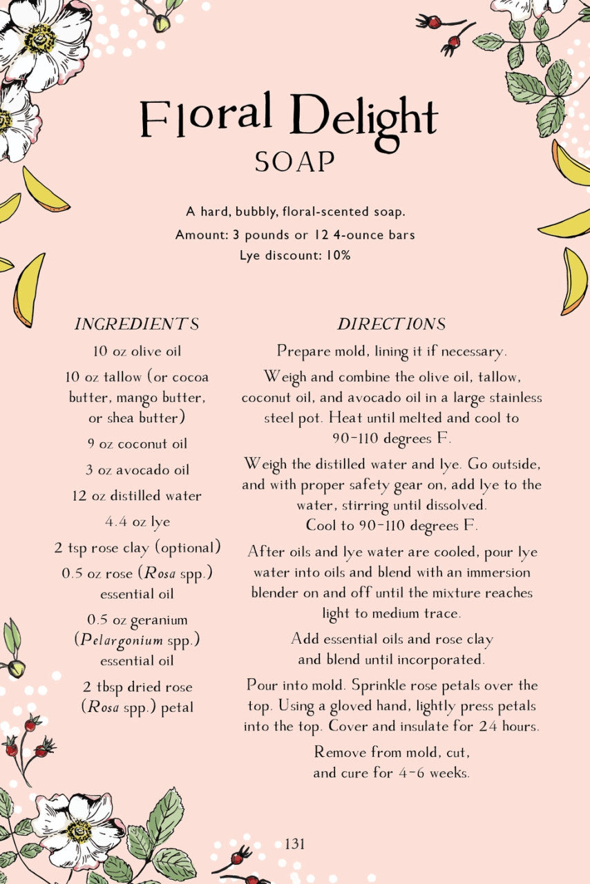 interior page of the Skin Care Recipe Book showing a recipe for Floral Delight Soap on pink paper with floral illustrations