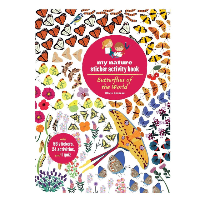 Sticker activity book cover with colorful butterflies and flowers on a white background