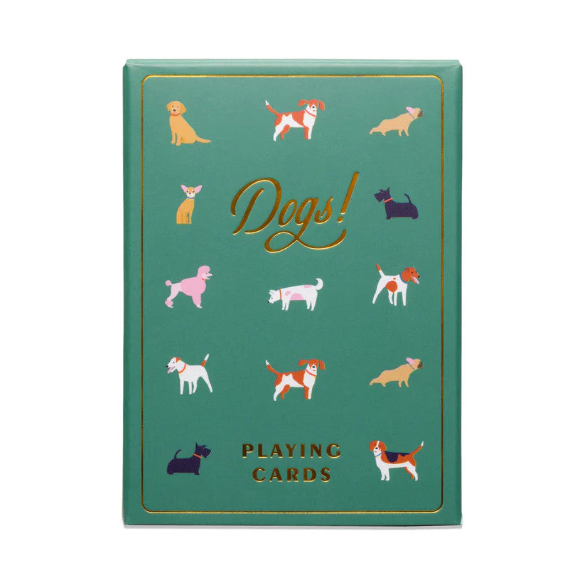 the tuck box for the Cats Playing cards with text that reads "Dogs! Playing Cards" and illustrations of various dog breeds against an emerald green background