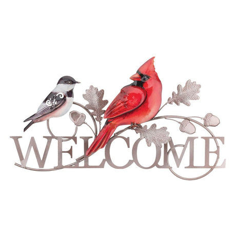 a silver welcome sign in silver metal with a realistic cardinal and chickadee perched atop the sign