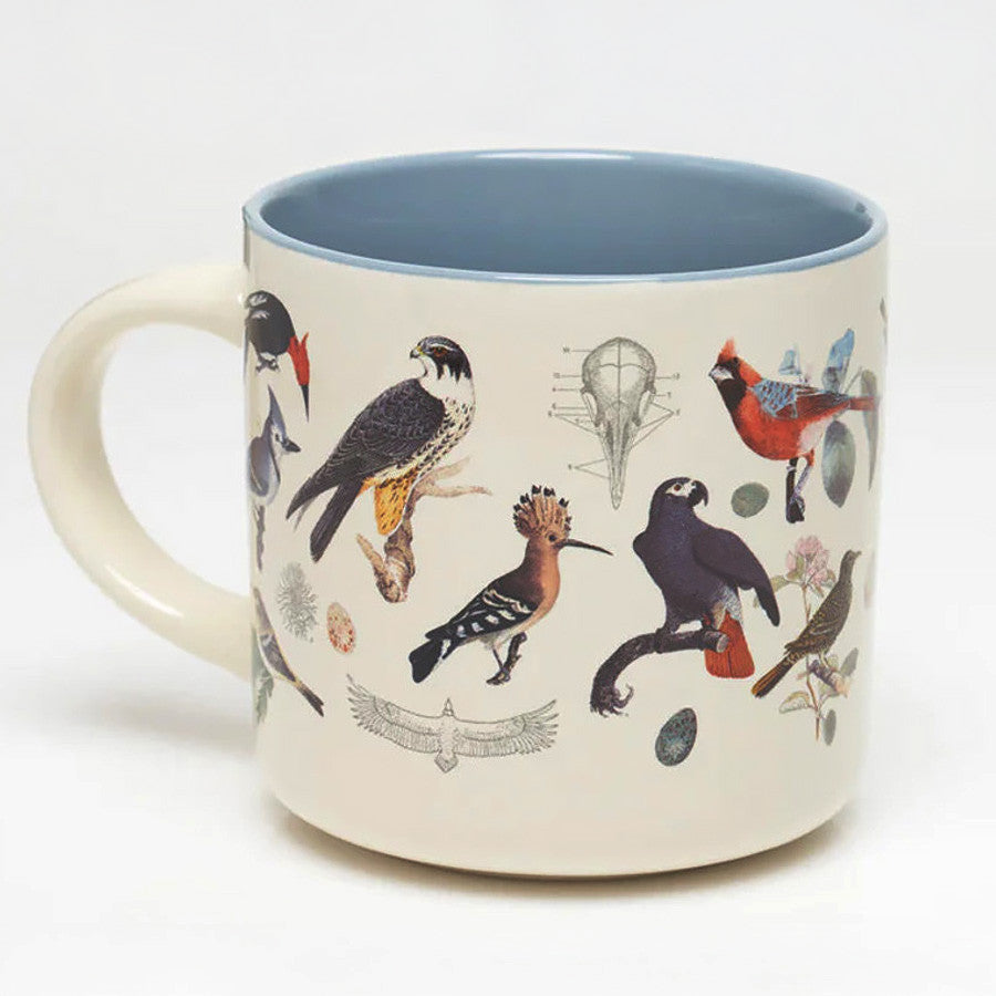 a white coffee mug with vintage illustrations of birds wrapping around it, and a solid sky blue print on the inside of the mug