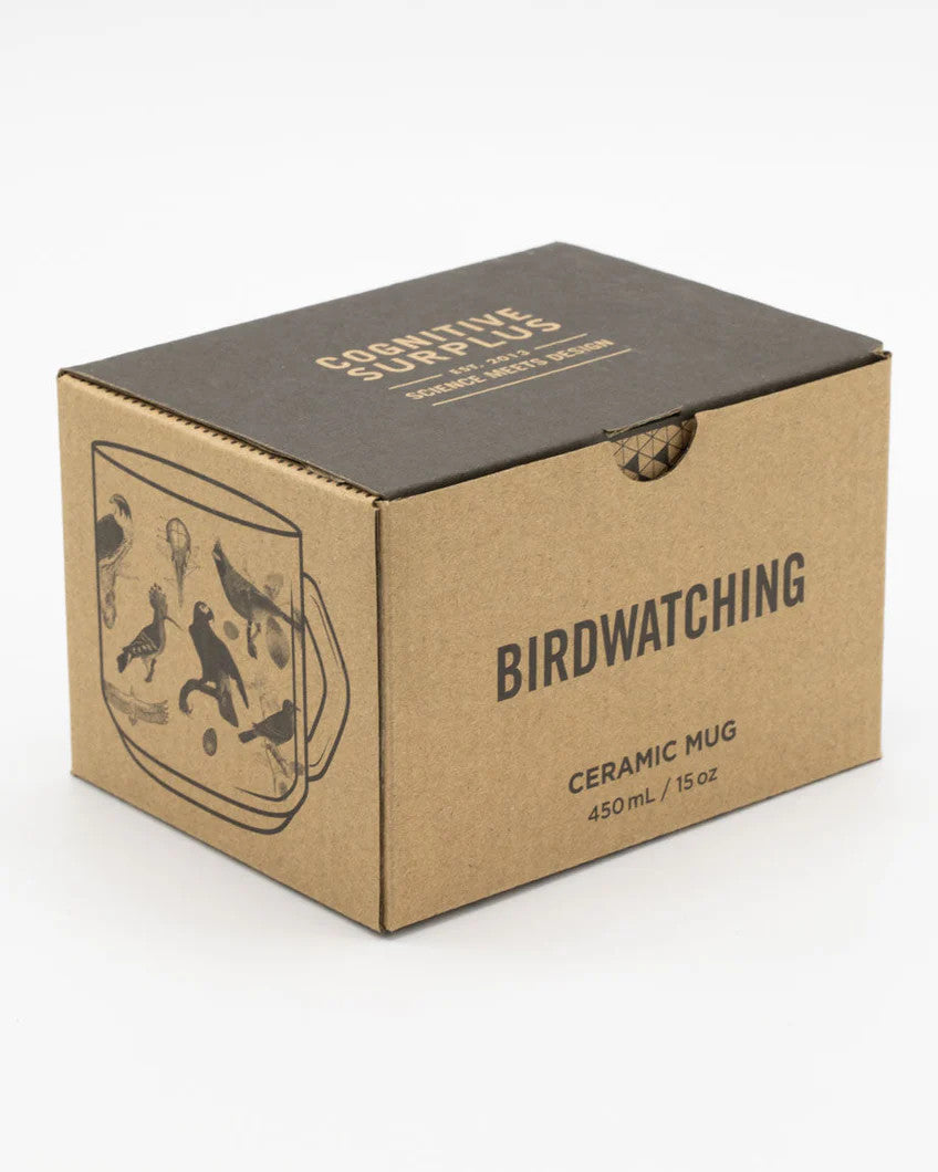 the box that the mug ships in for safe receipt - the box reads "birdwatching" on one side and has a rendering of the mug on the other