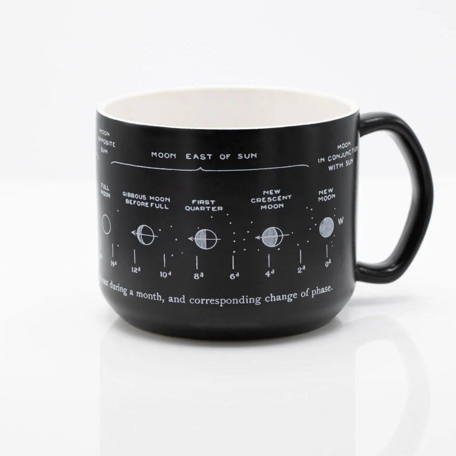 Black mug with moon phase design on a white background