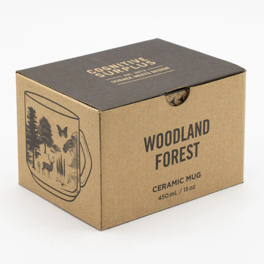 the box that the mug ships in for safe receipt - the box reads "woodland forest" on one side and has a rendering of the mug on the other