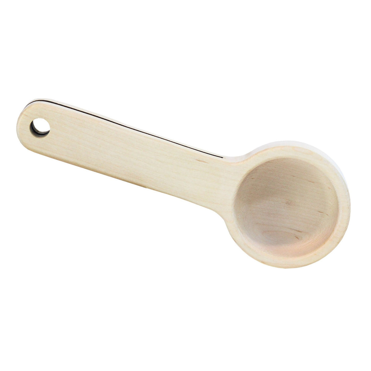 a maple wood coffee scoop against a white background