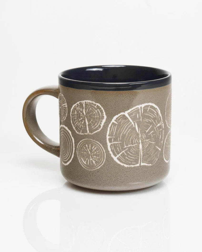 a gray green coffee mug with repeated images of tree rings wrapping around it