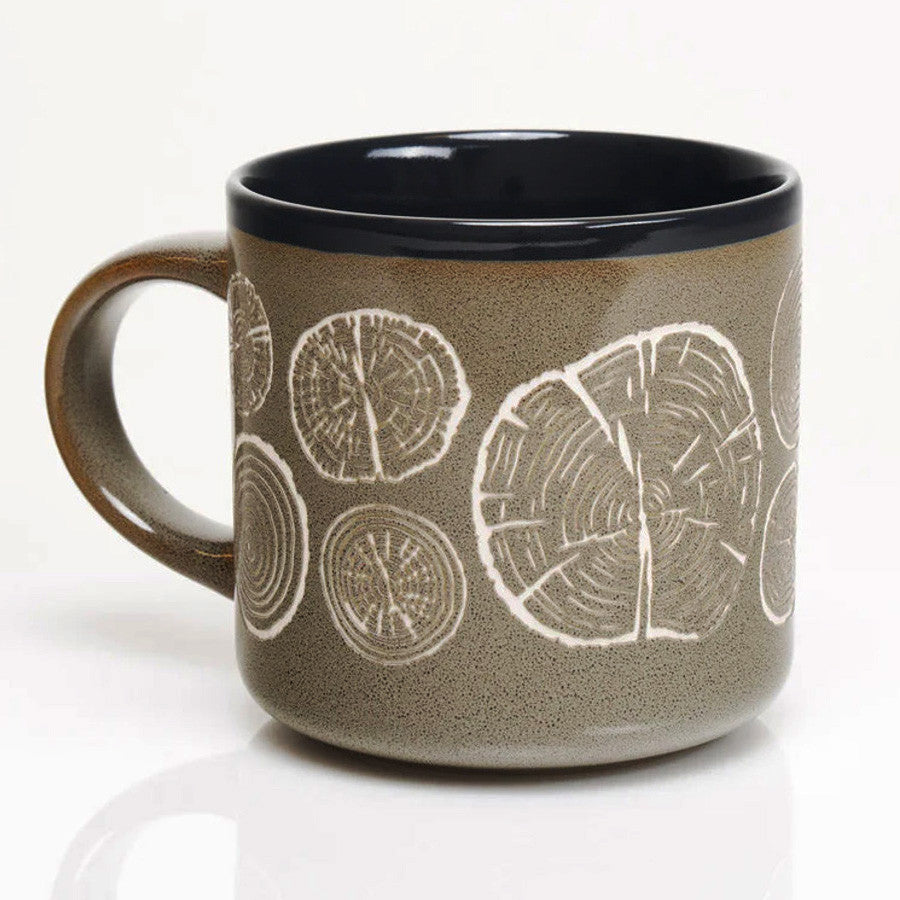 a gray green coffee mug with repeated images of tree rings wrapping around it