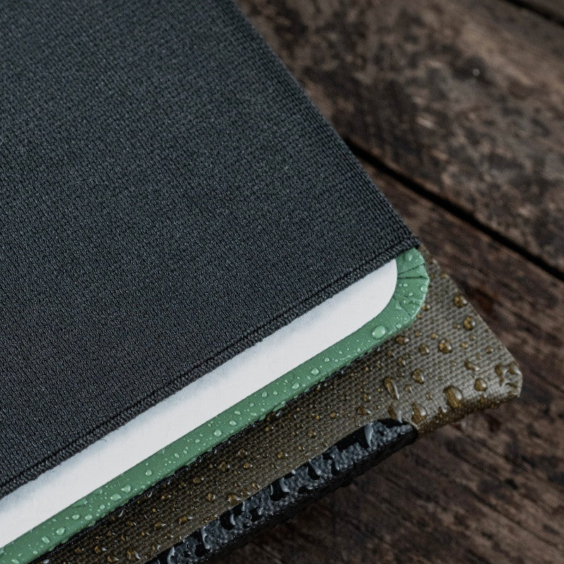 the elastic strap on the back showing how to securely attach a bound book to the pouch