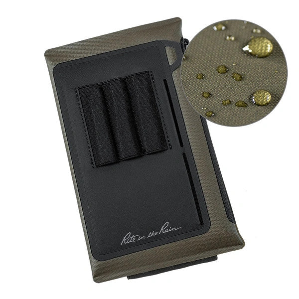 the dirtbag pouch with zipper, pen slots, and a close up circle with water beading on the surface showing its weatherproof nature