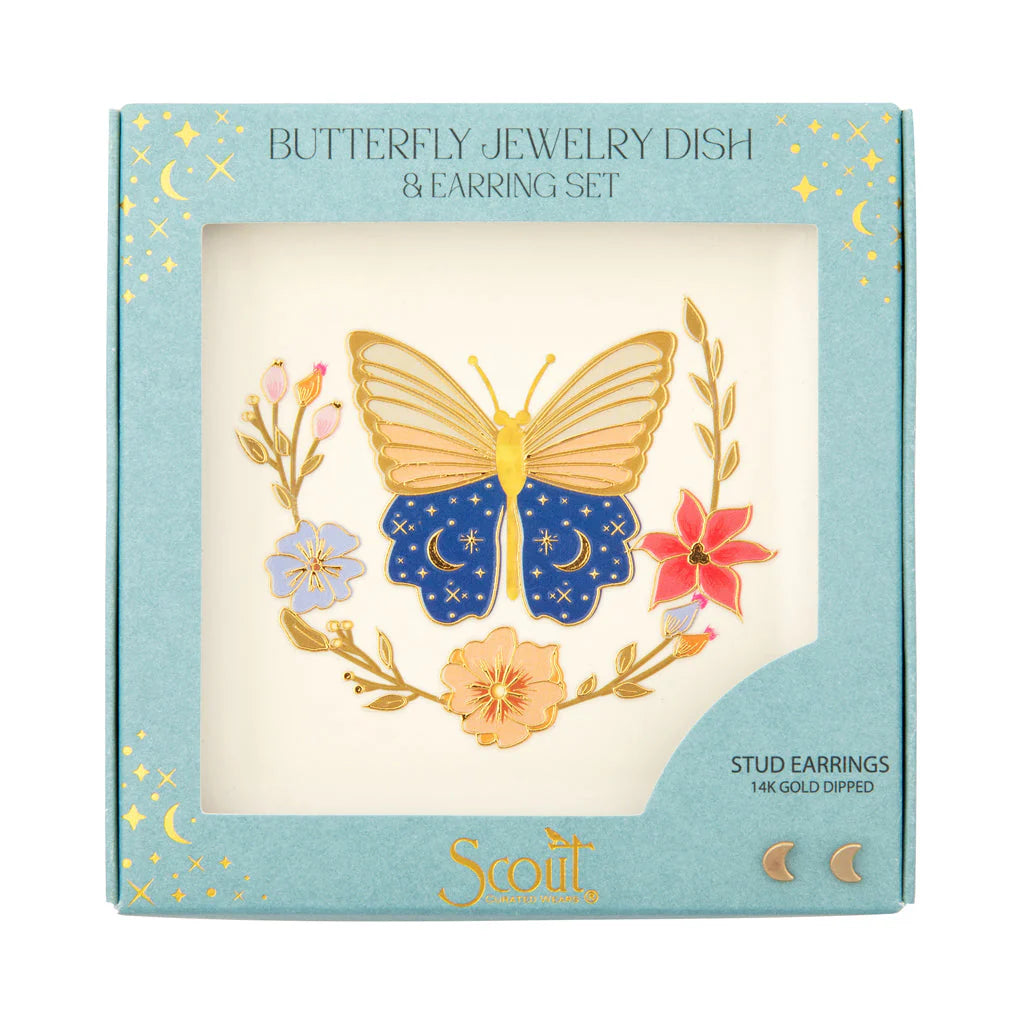 Butterfly jewelry dish and earring set packaging with a butterfly design on a light blue background.