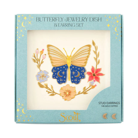 Butterfly jewelry dish and earring set packaging with a butterfly design on a light blue background.