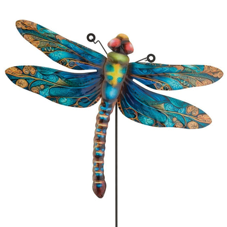a closeup of the dragonfly decor showing the vibrant patterns and blue, green, and orange coloring on the body and wings