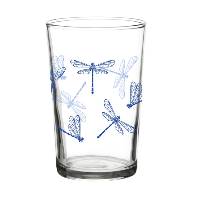 Clear glass with blue dragonfly designs on a white background