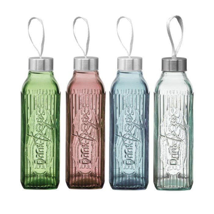 all four colors of the drink to-go glass travel bottle in a row: green, rose, blue, and clear