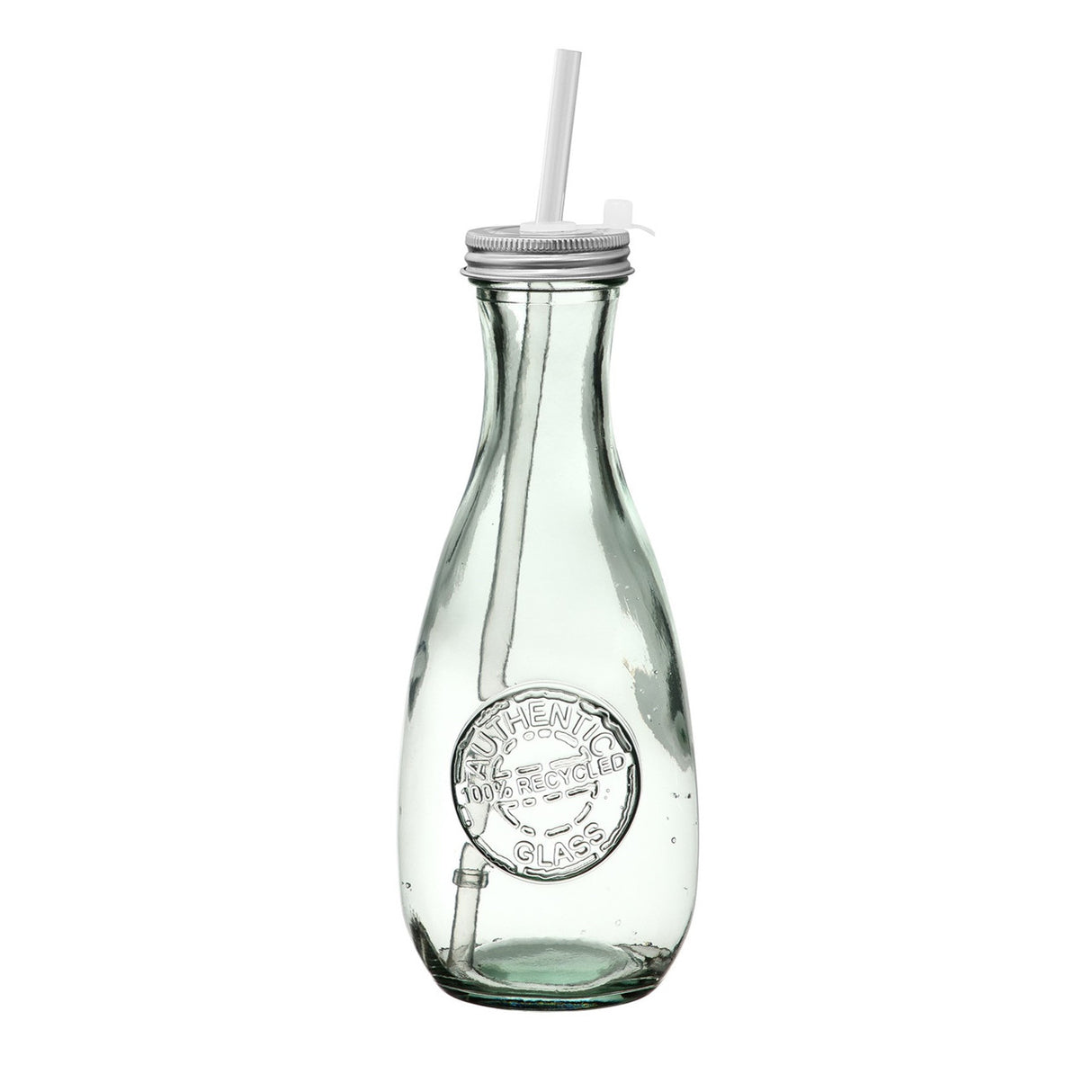clear green glass bottle with rounded bottom and slender top with metal cap and plastic drinking straw
