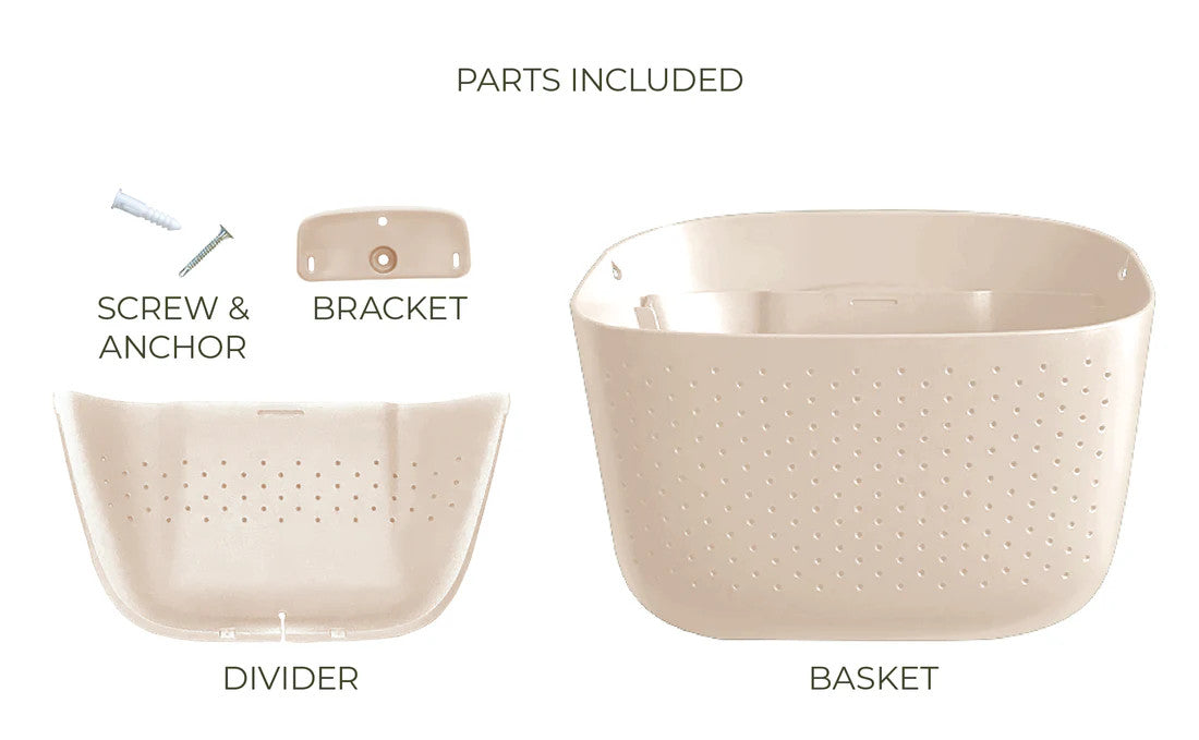 all of the included parts and pieces of the oat eco planter: screw & anchor, bracket, basket, and divider