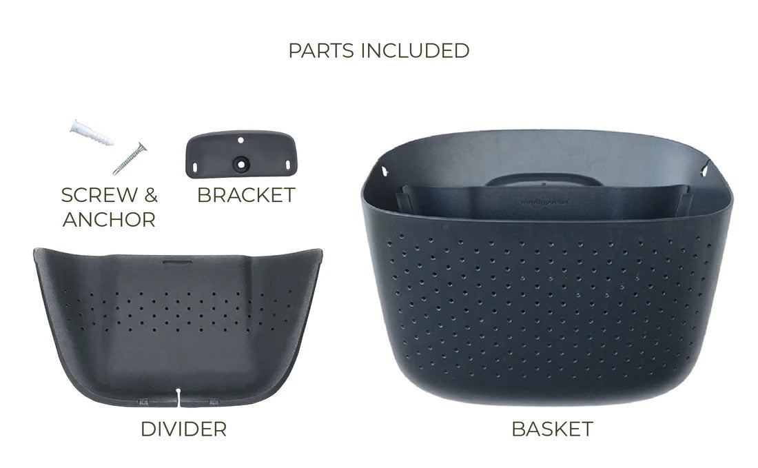 all of the included parts and pieces of the charcoal eco planter: screw & anchor, bracket, basket, and divider