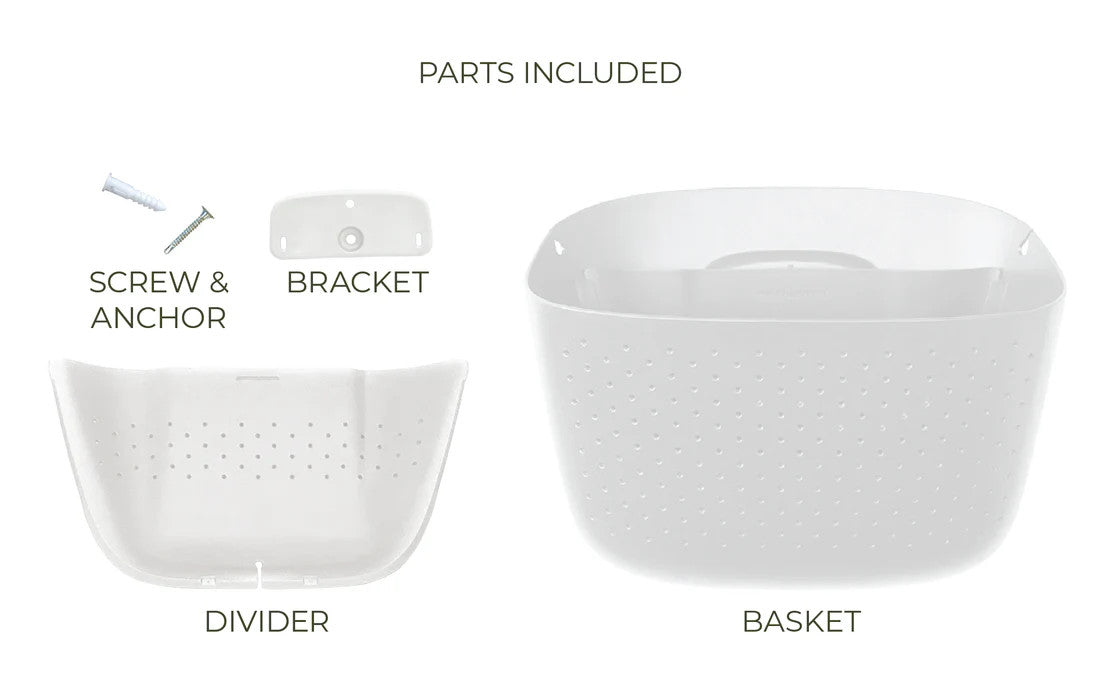 all of the included parts and pieces of the white eco planter: screw & anchor, bracket, basket, and divider