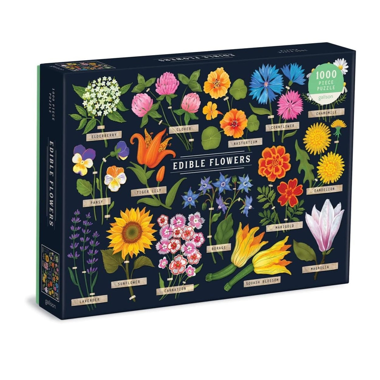 Puzzle box with colorful illustrations of edible flowers on a dark blue background