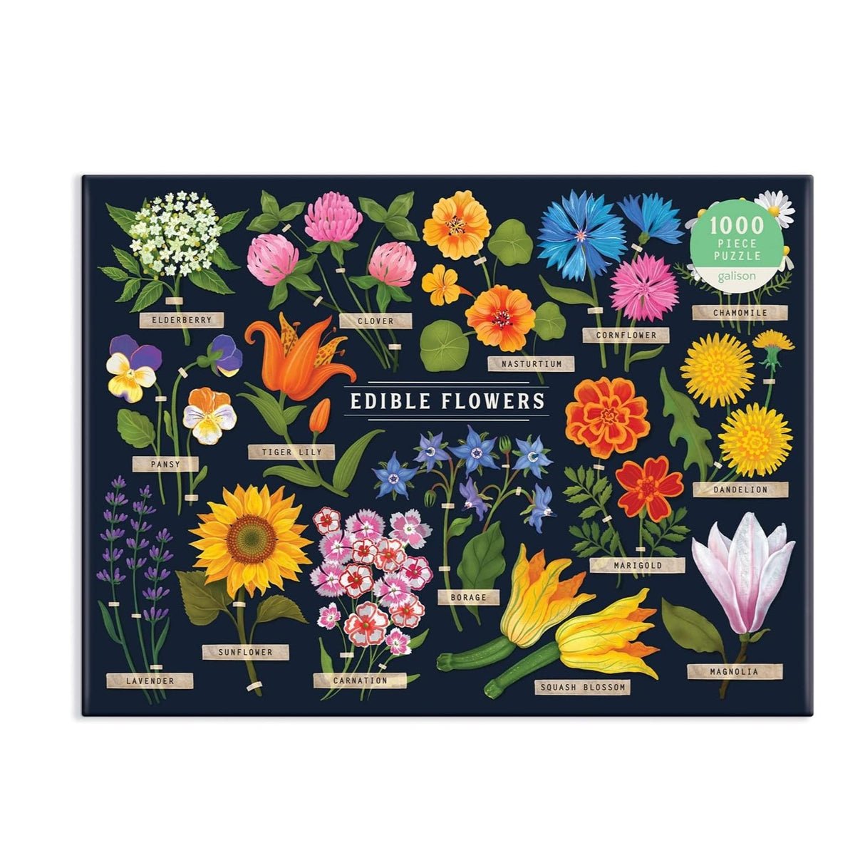 Puzzle box with colorful illustrations of edible flowers on a dark blue background