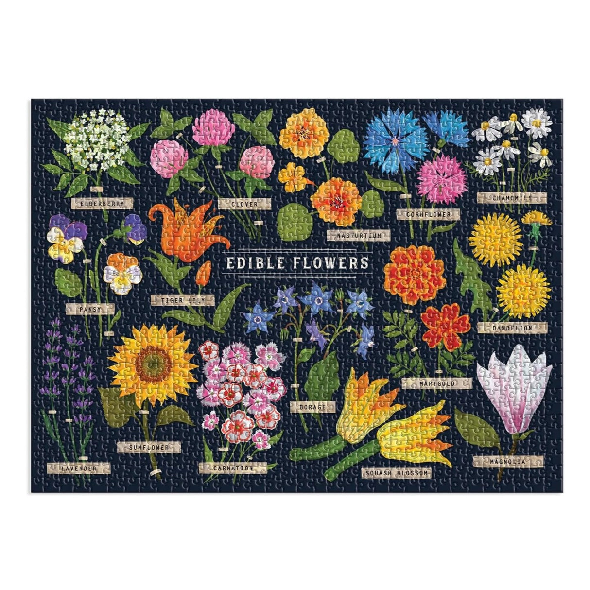 Assembled puzzle featuring colorful illustration of edible flowers with labels on a dark background