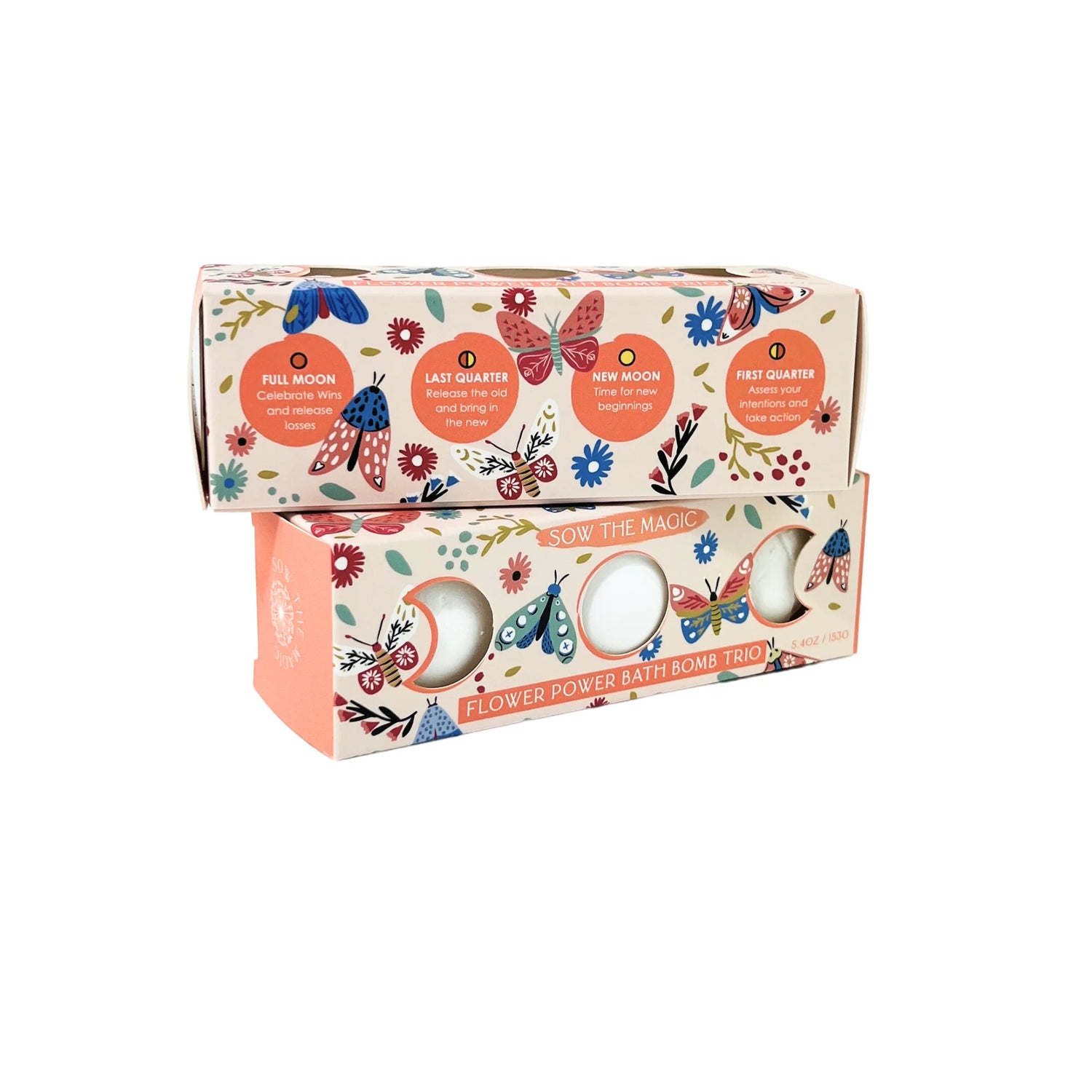 Flower power bath bomb set with decorative packaging on a white background