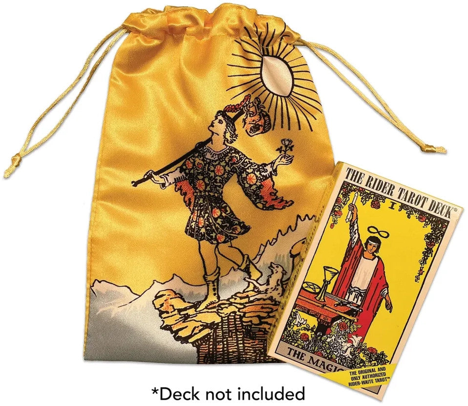 The Fool Tarot Pouch laid flat with the Magician tarot card next to it to give a sense of scale - the card is a little taller than half the height of the pouch