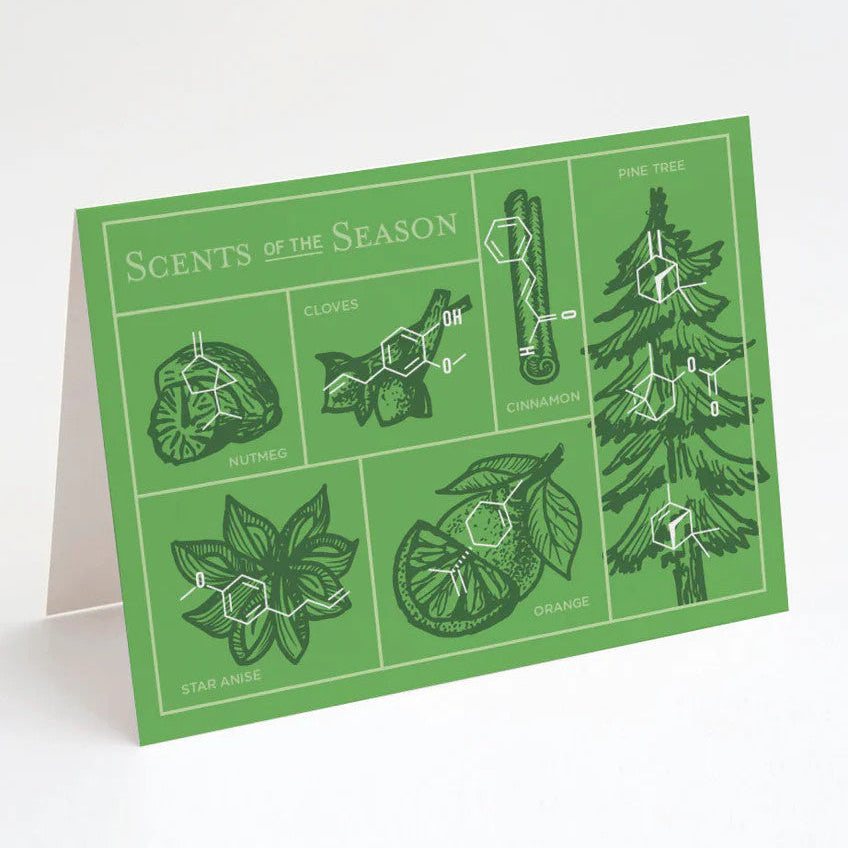 a green greeting card featuring illustrations of holiday aromas like nutmeg, cloves, star anise, orange, cinnamon, and pine with their chemical compounds overlayed on the illustration