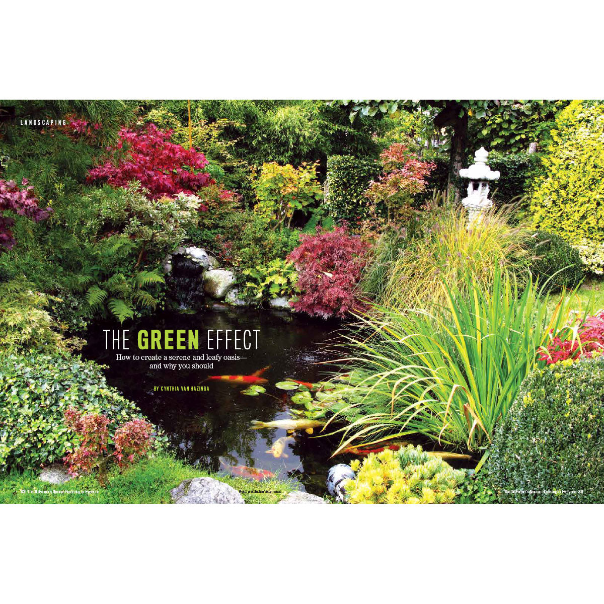 Garden scene with pond and various plants, featuring the book 'The Green Effect'.