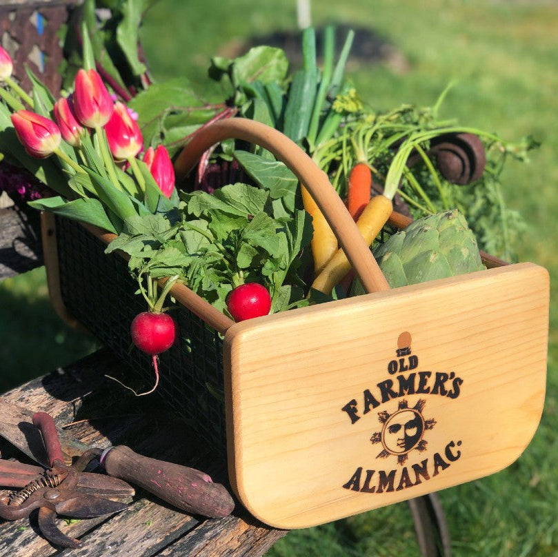 wood and wire garden hod with vegetables and flowers, featuring a fire branded logo for the 'Old Farmer's Almanac'