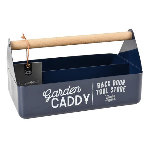 the blue garden caddy against a white background