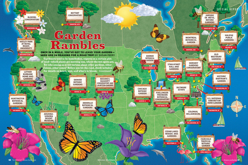 an illustrated map of North America with signs showing prominent botanic gardens